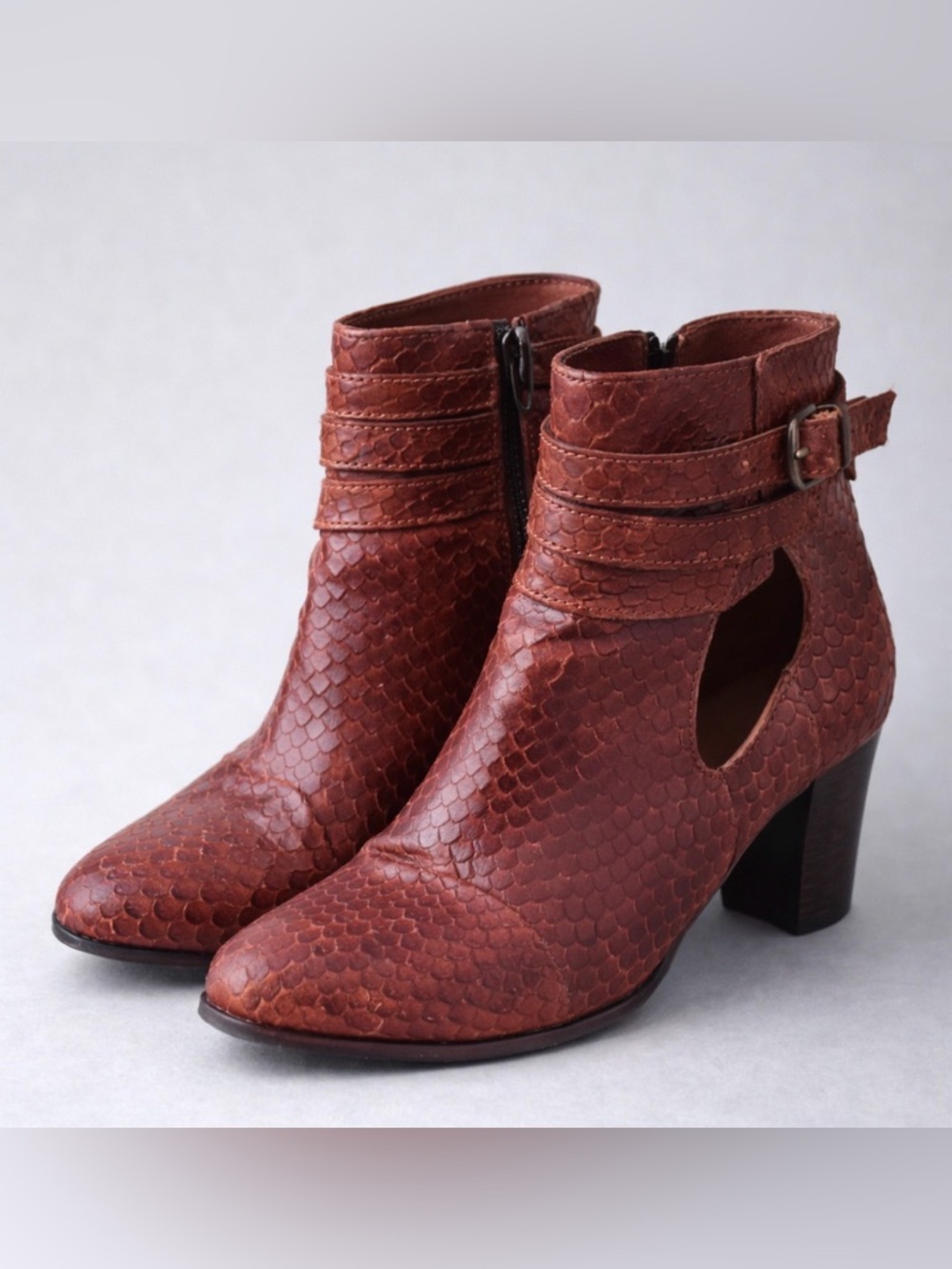 JONAK Paris Brown Snakeskin Embossed Leather Ankle Boots Heels Size 39